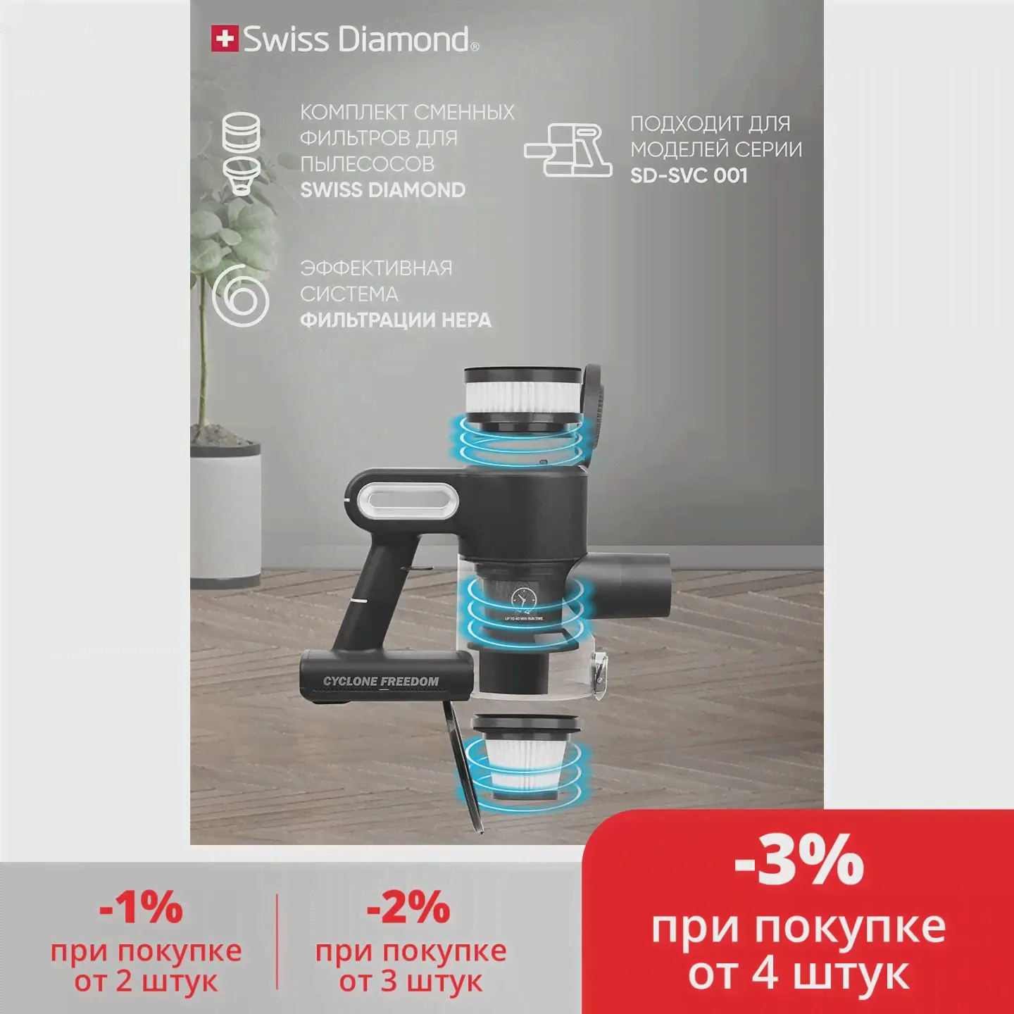 SD-RFS 001 Комплект сменных фильтров для пылесоса вертикального беспроводного Swiss Diamond (art.: 3920bb113eedf)